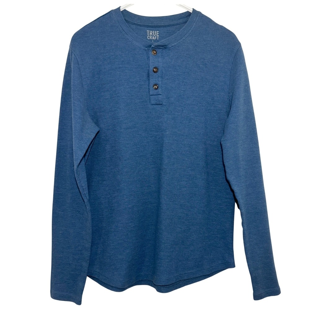 True Craft Henley Shirt Blue Waffle Knit Long Sleeve Mens M Casual Thermal Top